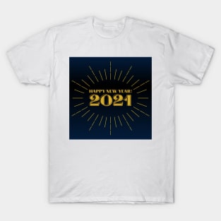 happy new year 2021 holiday retro vintage theme blue gold yellow lines pattern T-Shirt